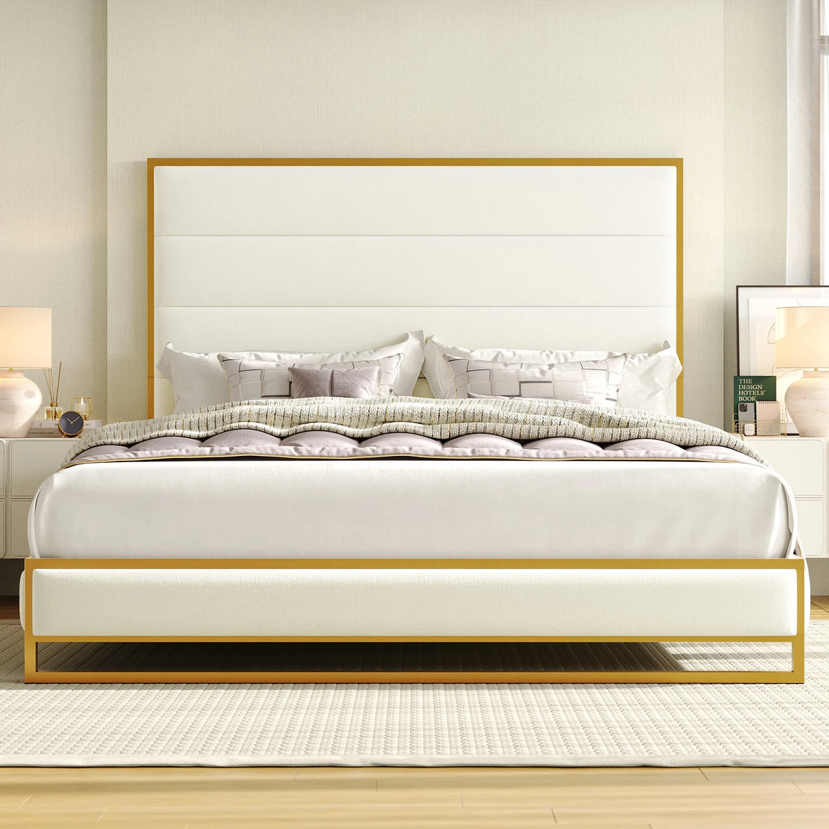 King Size Off-white Velvet Upholstered Platform Bed O12419