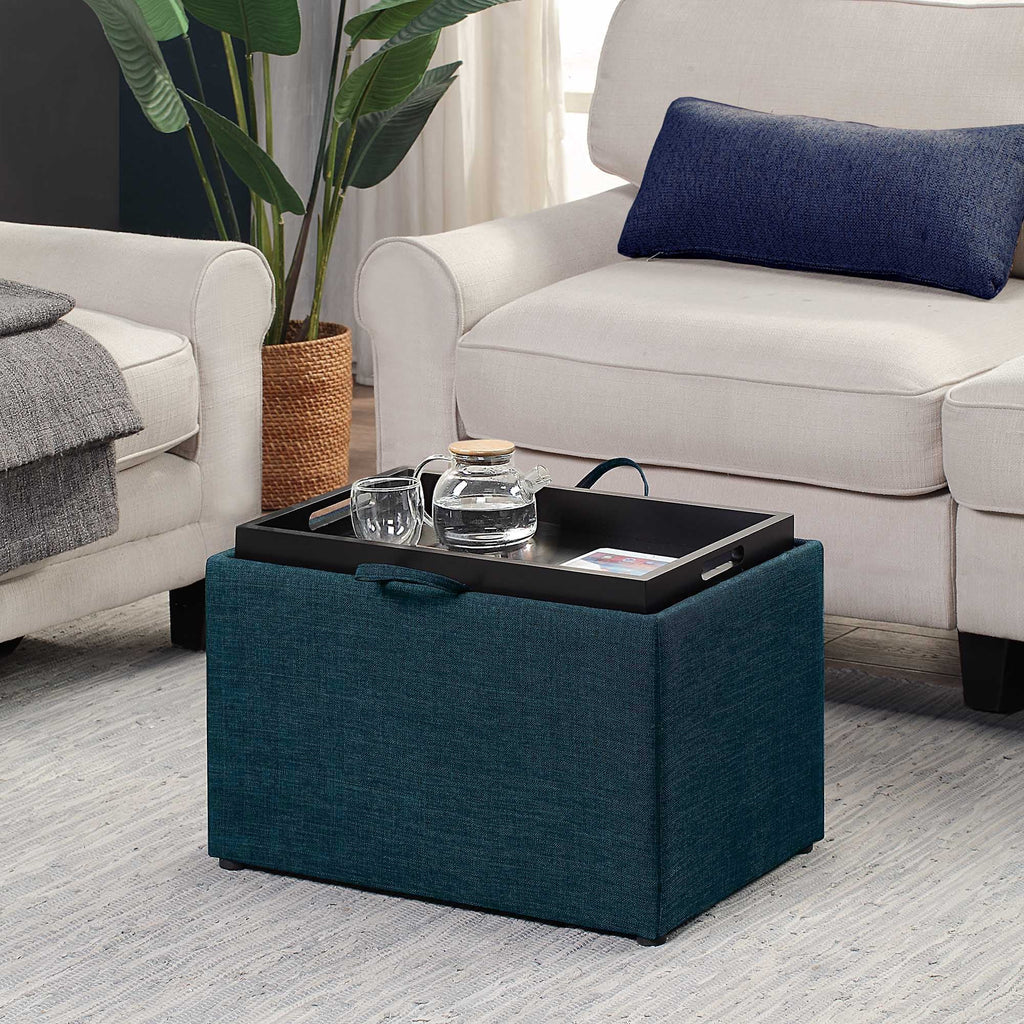 Dark Blue Fabric Storage Ottoman with Reversible Tray Q4029