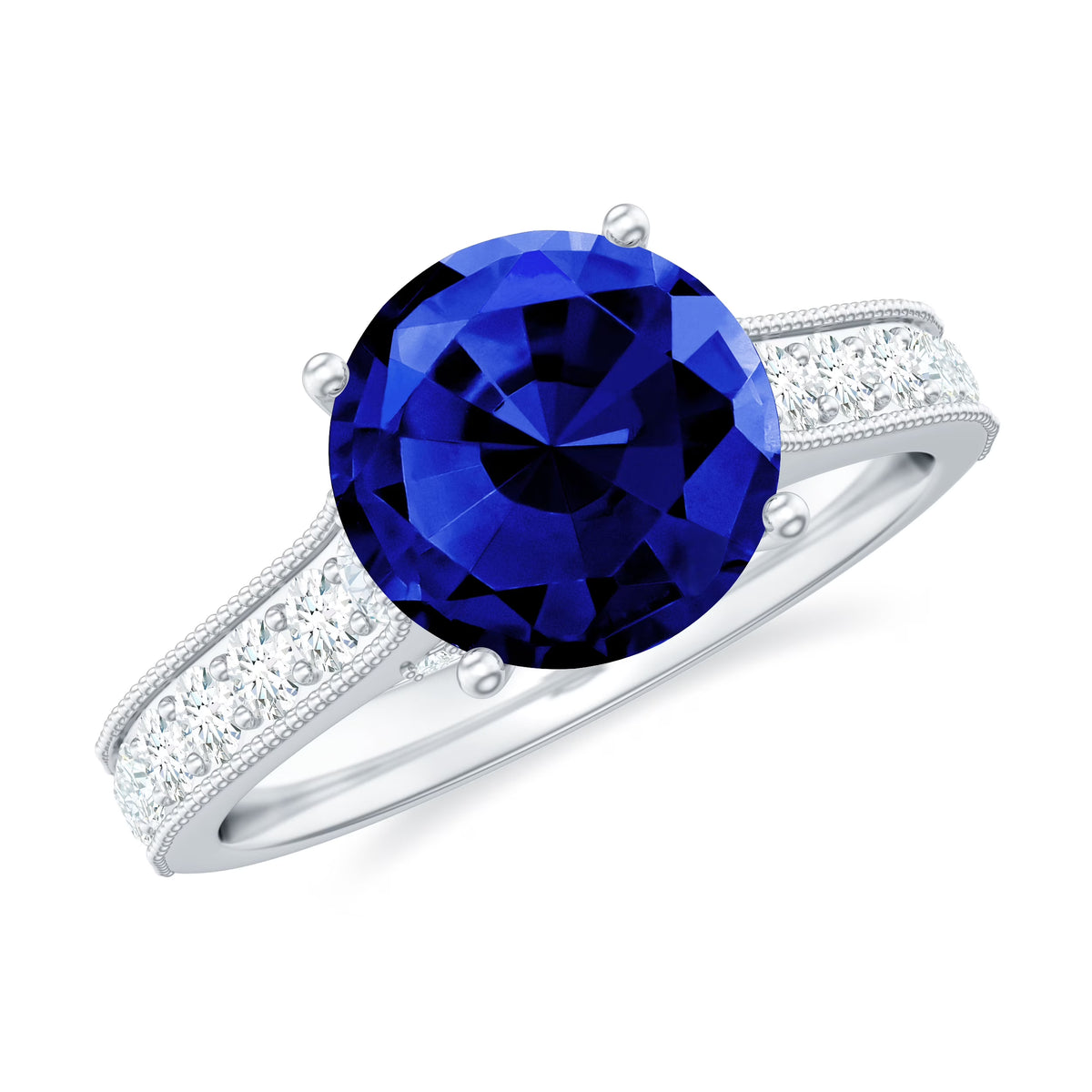 Created Blue Sapphire Solitaire Engagement Ring with Diamond, 925 Sterling Silver J77502