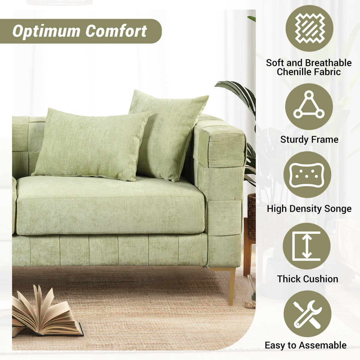 Green Upholstered Sofa with 4 Pillows and Golden Metal Legs T471850