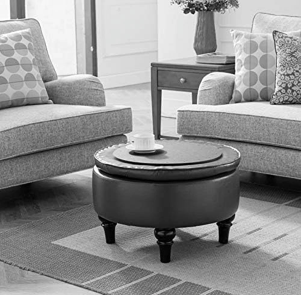 Faux Leather Round Ottoman with Tray Top S16252