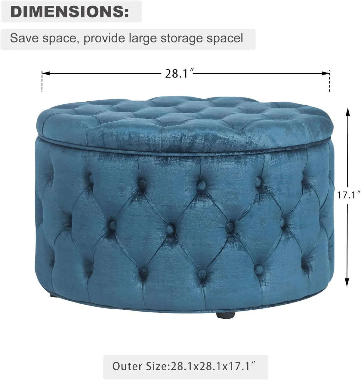 28 Inch Round Blue Velvet Storage Ottoman L15868