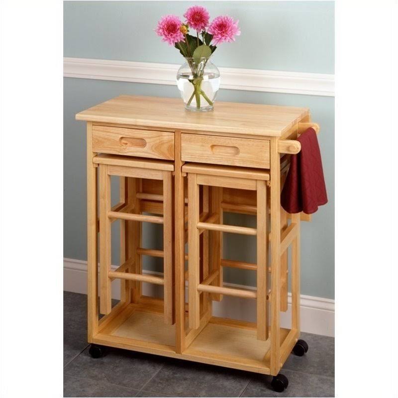 Drop Leaf Table Kitchen Cart with 2 Stools in Natural A70940