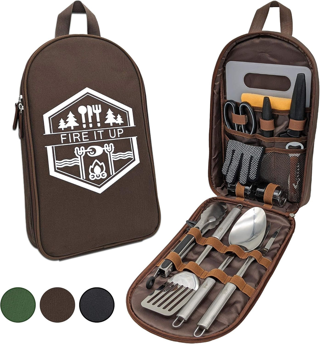 13 PC Stainless Steel Grilling Camping Cooking Utensils Set with Carrying Bag L73375