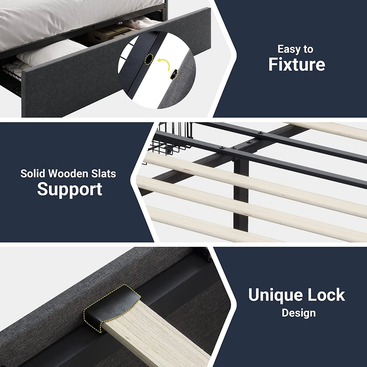 Queen Size Platform Bed Frame with 3 Storage Drawers L454