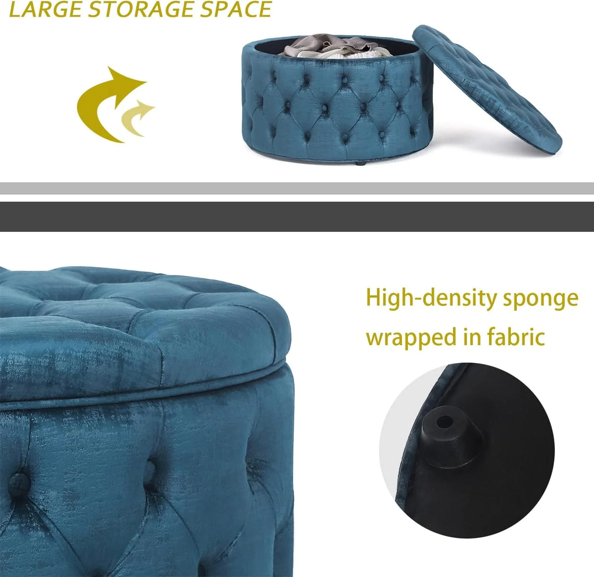 28 Inch Round Blue Velvet Storage Ottoman L15868