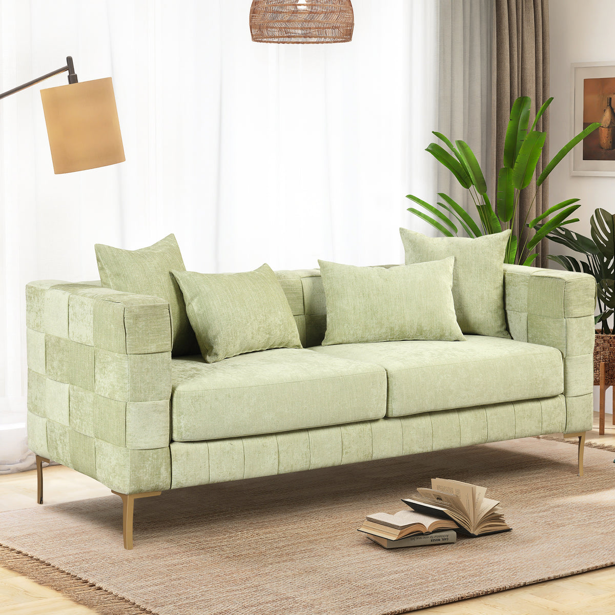 Green Upholstered Sofa with 4 Pillows and Golden Metal Legs T471850