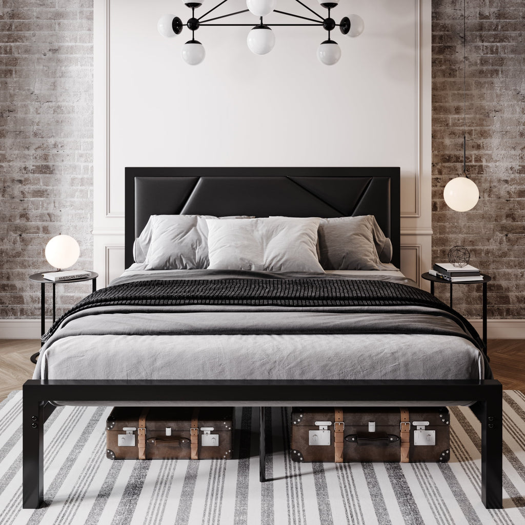 Black Queen Size Metal Platform Bed Frame with Leather Headboard S753525