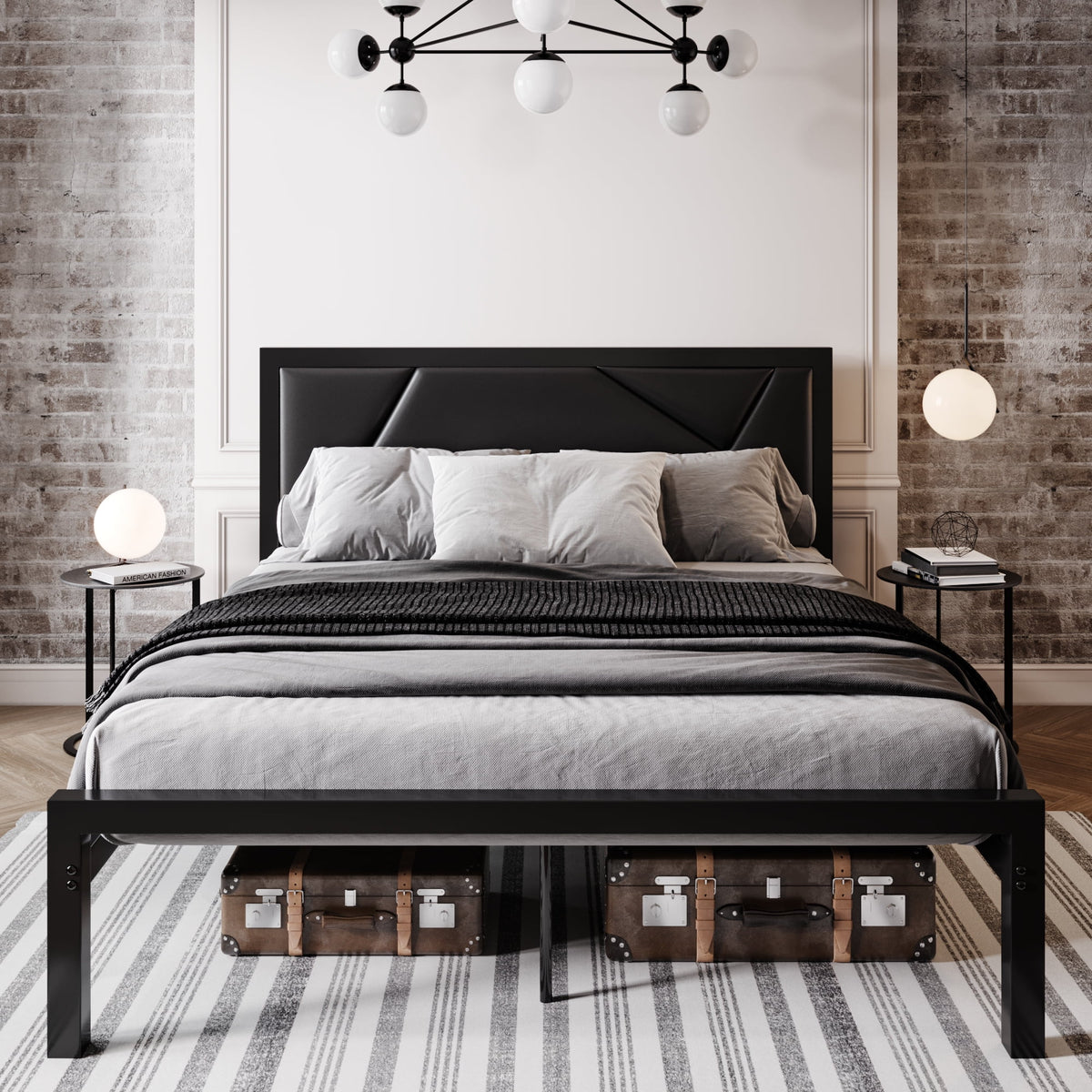 Black Queen Size Metal Platform Bed Frame with Leather Headboard S753525