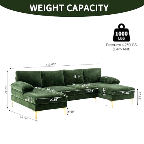 Green Chenille 4 Seater U-Shaped Sectional Couch with Double Chaises and Metal Legs N886