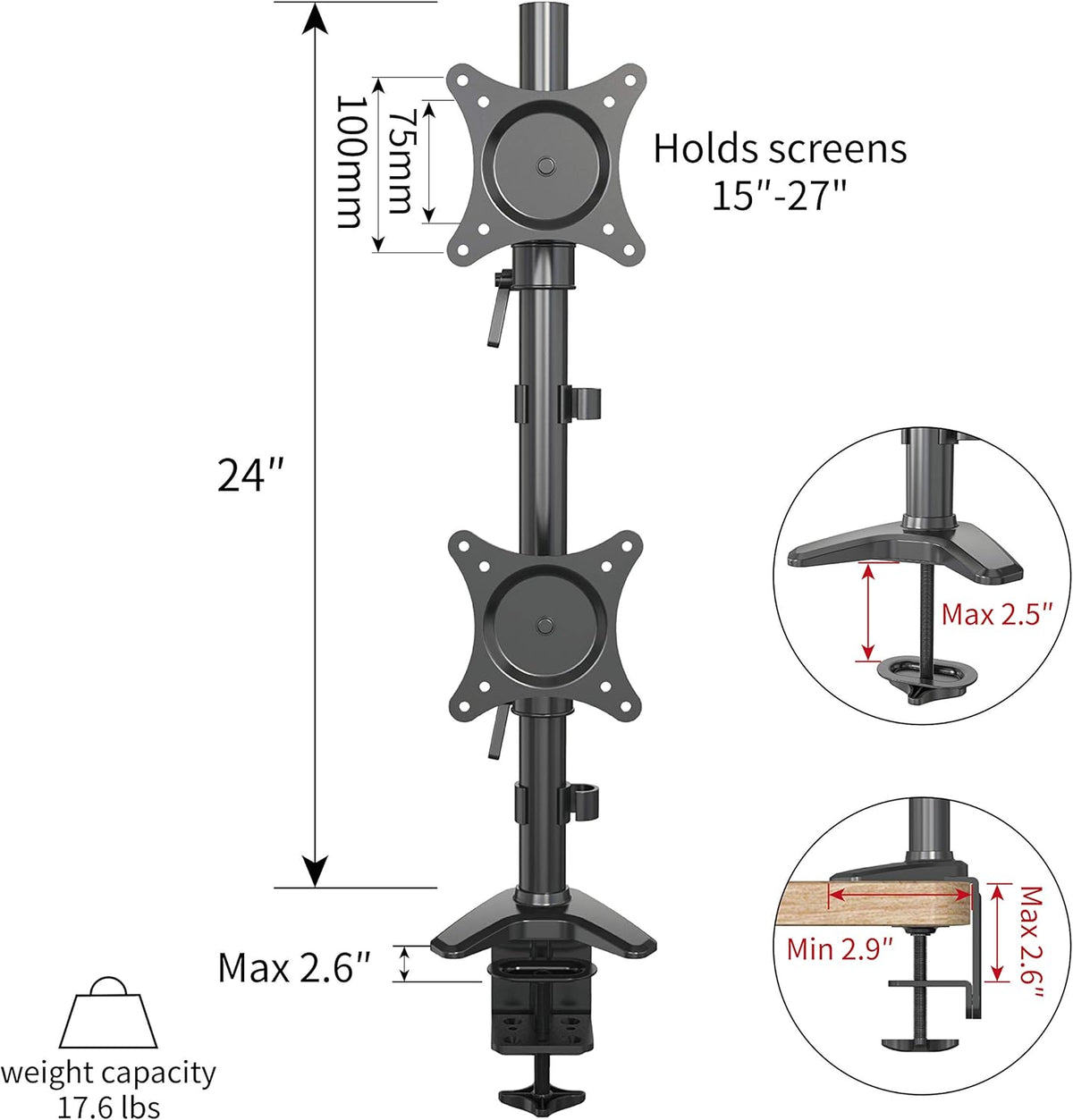 Vertical Dual Monitor Mount, 15-27 Height Adjustable Z870325