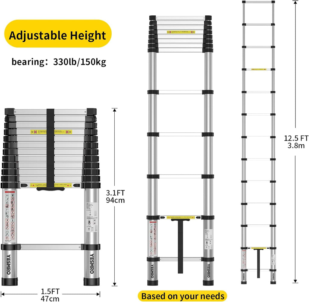 Telescoping Ladder 12.5ft, Aluminum Collapsible, Heavy Duty 330lbs, Non-Slip B89863