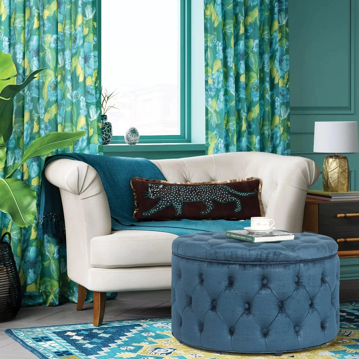 28 Inch Round Blue Velvet Storage Ottoman L15868