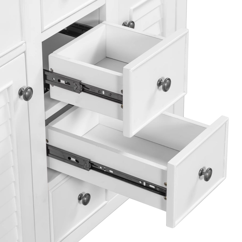 36" White Bathroom Vanity Base Only with 5 Drawers, 2 Doors, Solid Wood Frame O49837