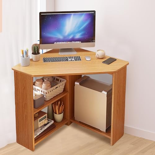 Light Brown Corner Desk with Drawers and Open Shelves J6770