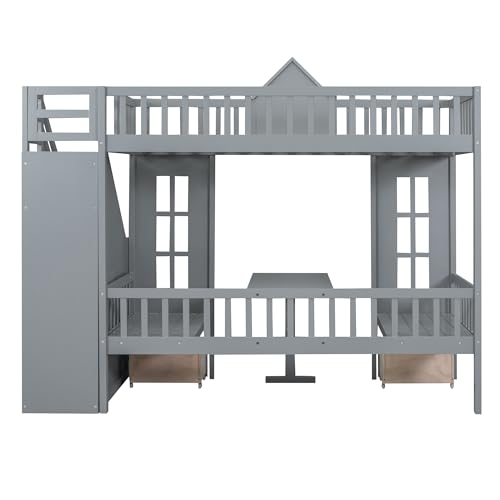 White Wooden Bunk Beds with Stairs and 2 Storage Drawers J312251