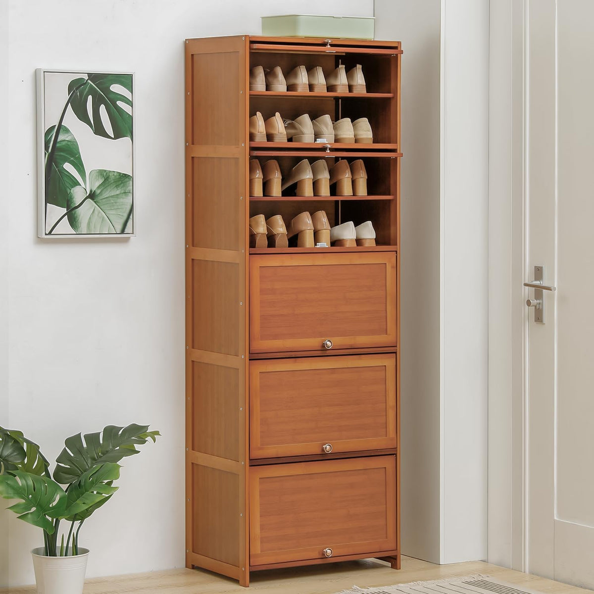 Tall Bamboo Shoe Storage Cabinet with Doors, 10 Tier Freestanding Shoe Shelf Rack B8831