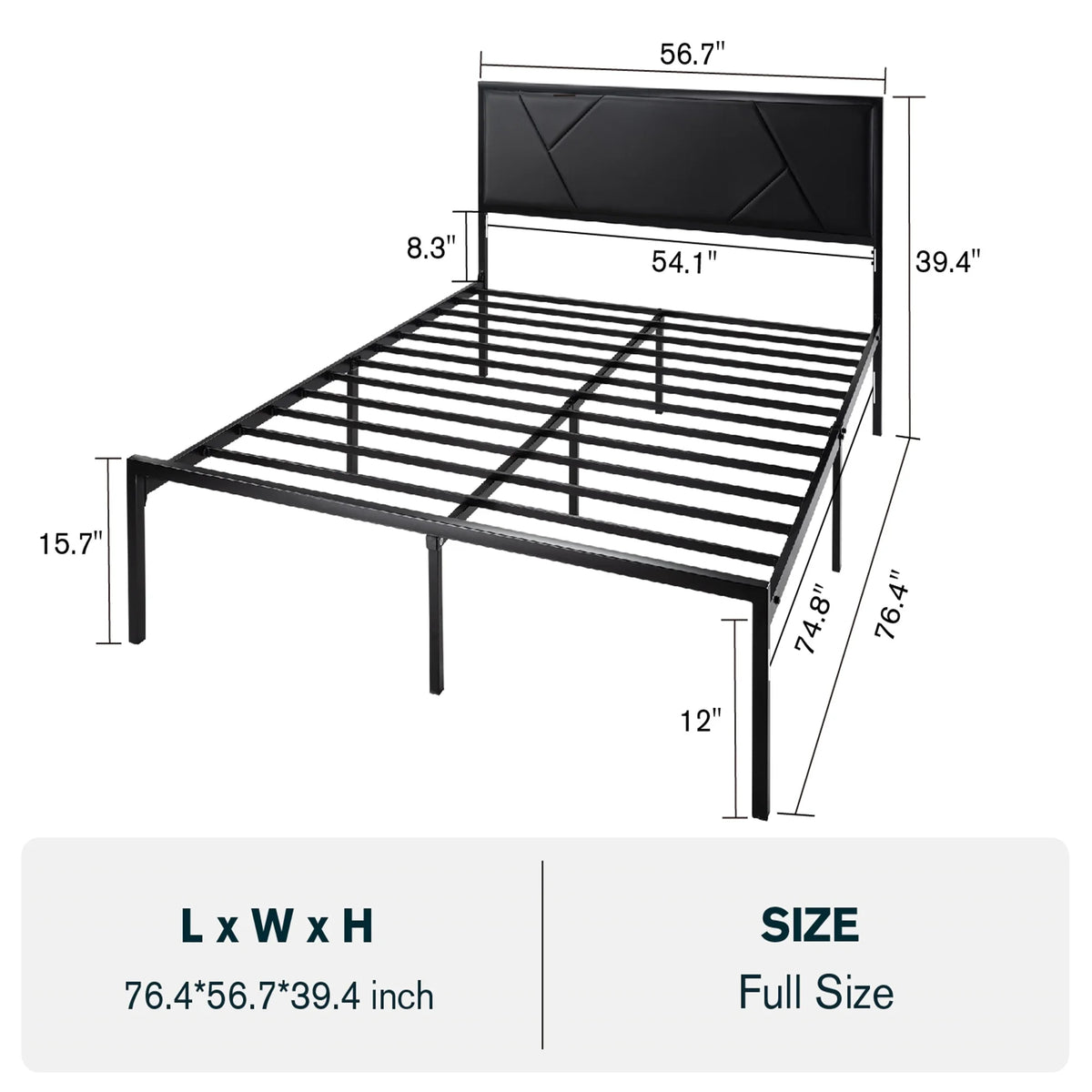 Black Queen Size Metal Platform Bed Frame with Leather Headboard S753525