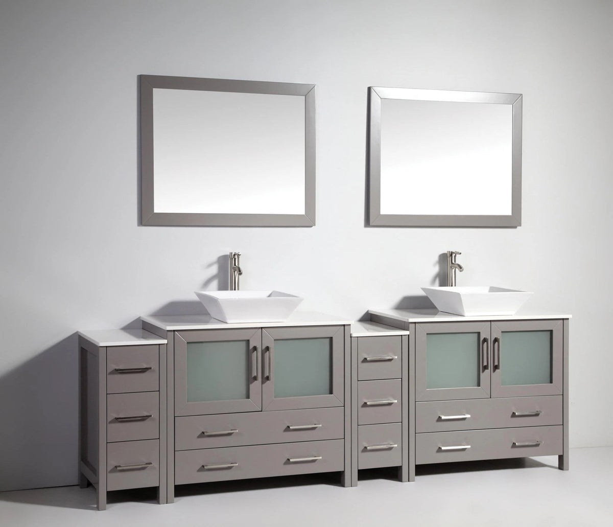 96 in. Grey Double Sink Vanity Cabinet with Ceramic Vessel Sink & Mirror T41139