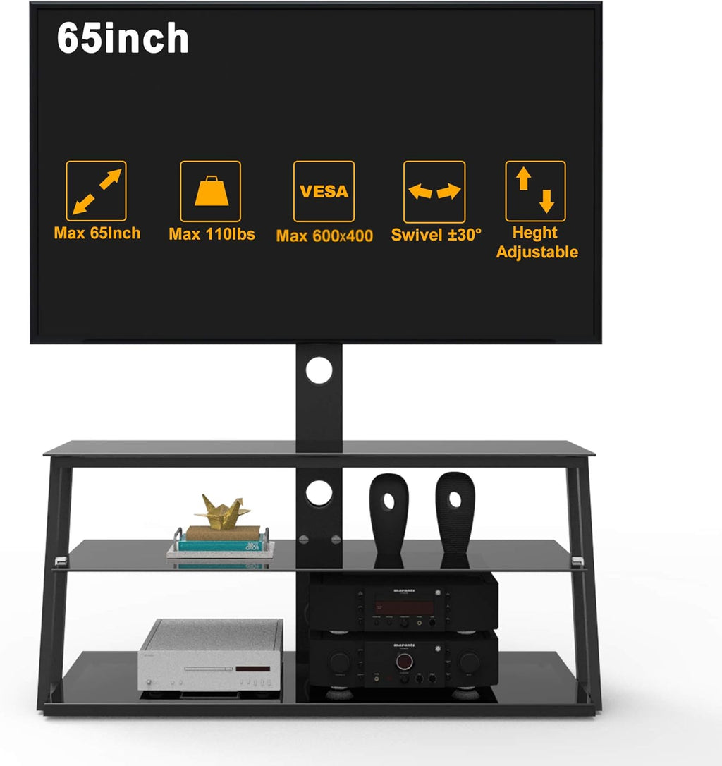 Swivel Floor TV Stand with Adjustable Tempered Wooden Shelves Y84422