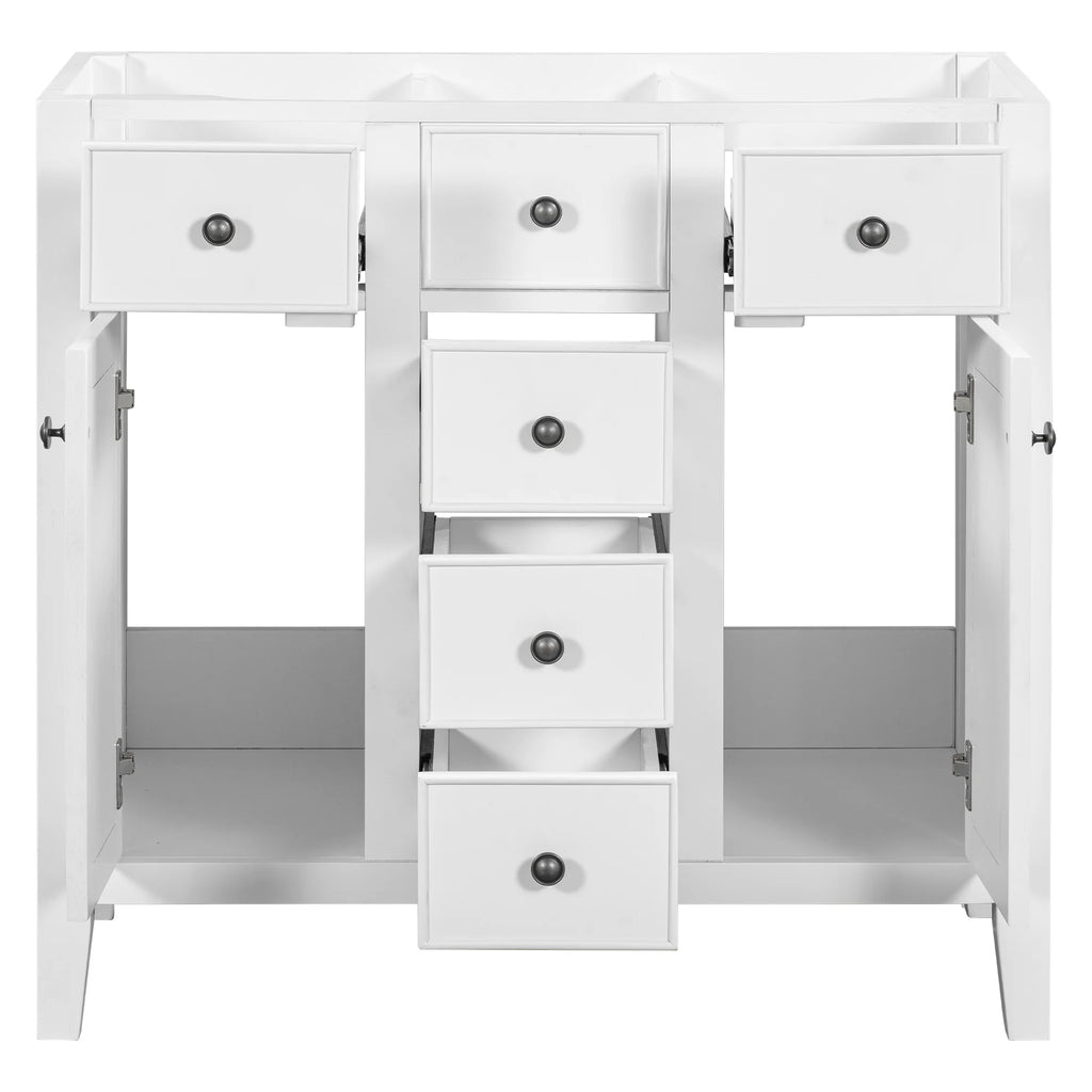 36" White Bathroom Vanity Base Only with 5 Drawers, 2 Doors, Solid Wood Frame O49837