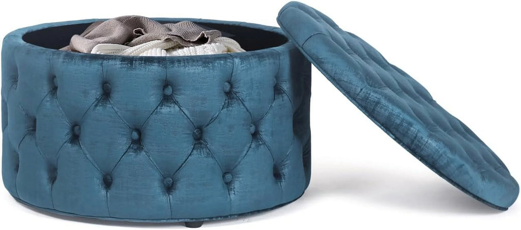 28 Inch Round Blue Velvet Storage Ottoman L15868