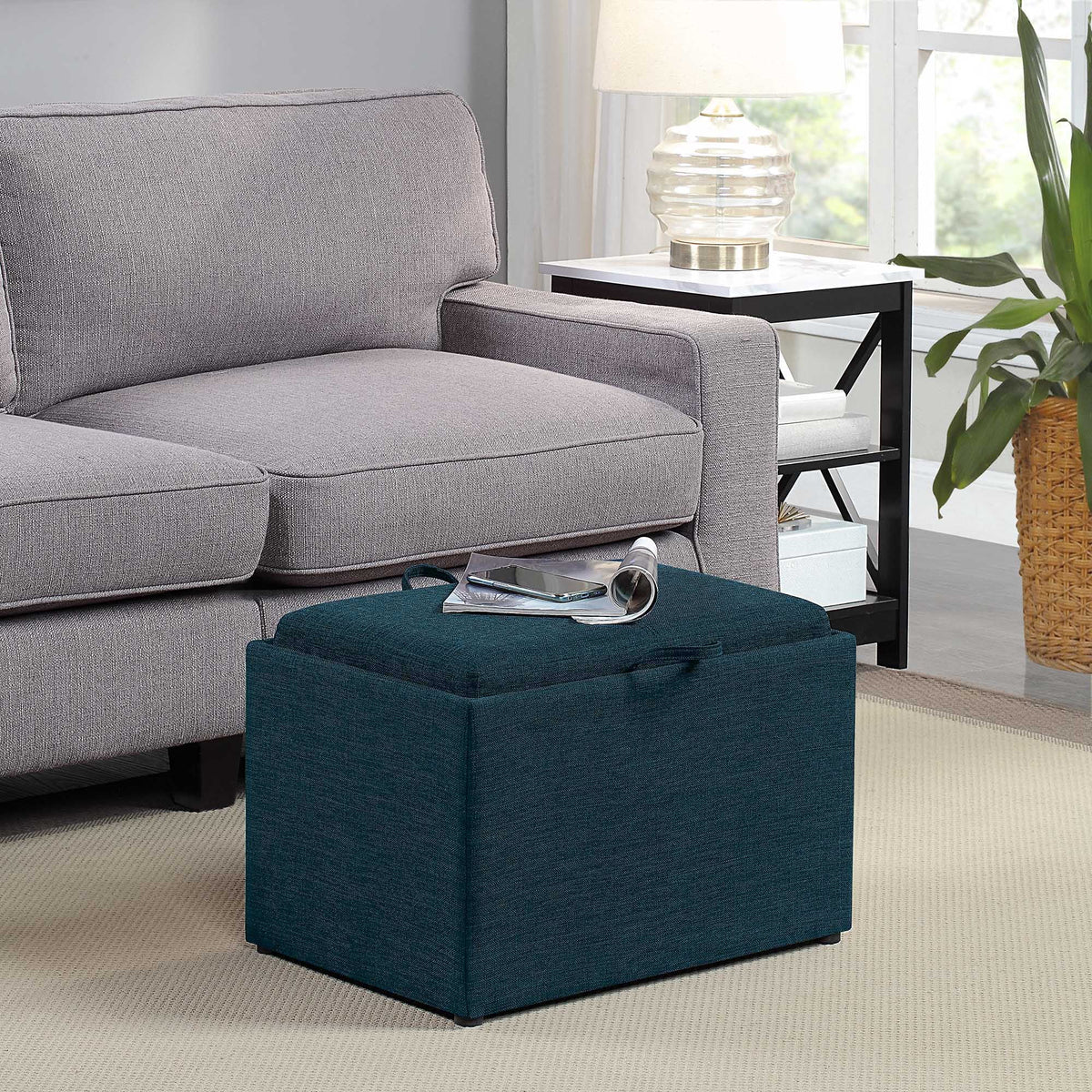 Dark Blue Fabric Storage Ottoman with Reversible Tray Q4029