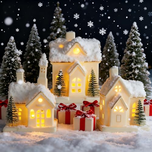 White Ceramic Christmas Village Houses 3Pcs with 4Pcs Trees LED Lighted Tabletop House Figurines E982552
