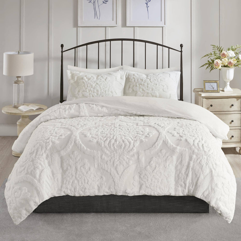 3 Piece Tufted Cotton Chenille Damask Duvet Cover Set White King/Cal King L6379