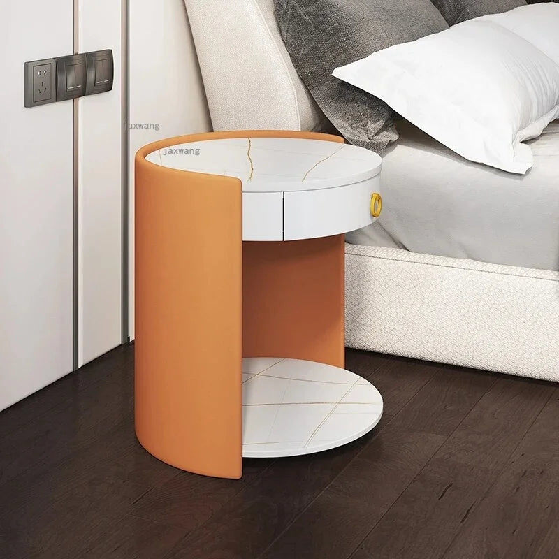 Round Leather Bedside Table Nightstand Q684