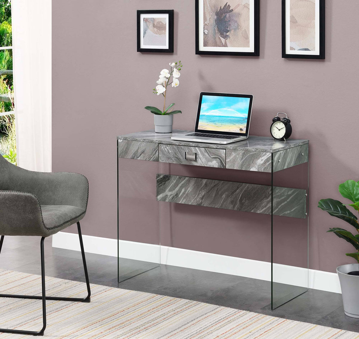 36 in. Glass Desk Gray Marble L2624