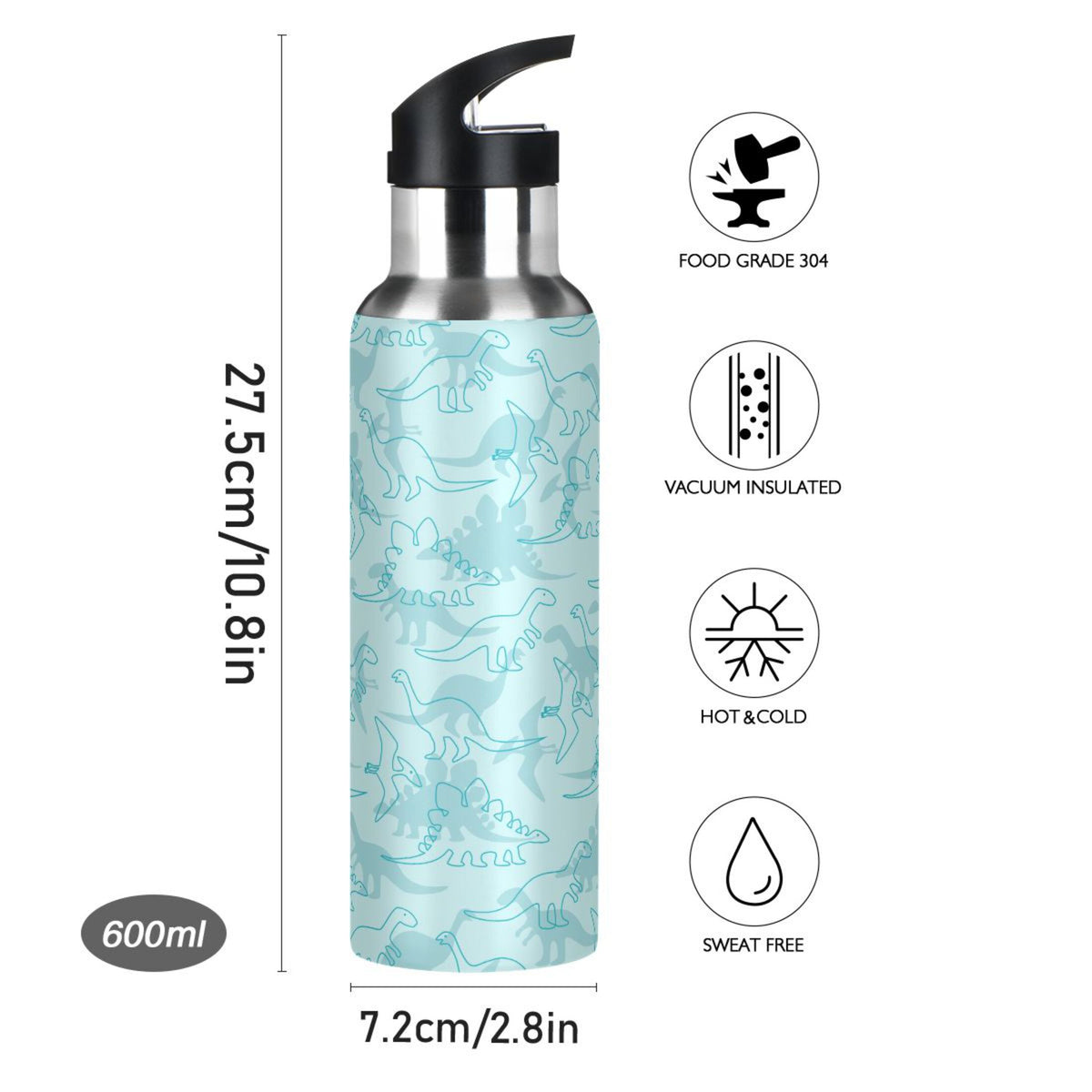 Dinosaur Green Pattern Stainless Steel Insulated Water Bottle with Straw Lid Y9263