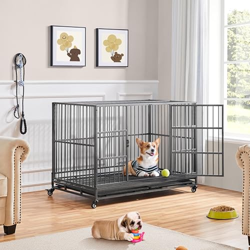 48'' XXL Dog Crate with 2 Doors Lockable Wheels B646