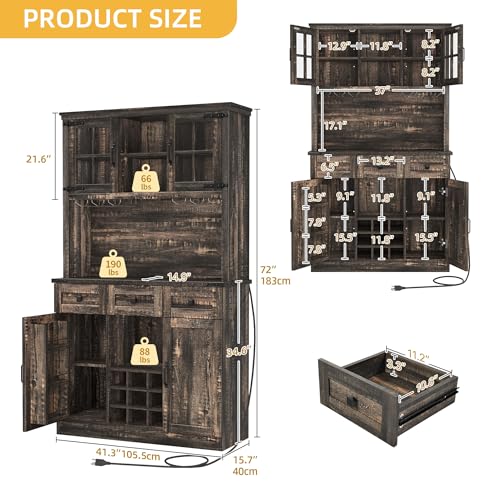 72" Dark Rustic Oak Coffee Bar Cabinet with Storage Shelves and 3 Drawers I517