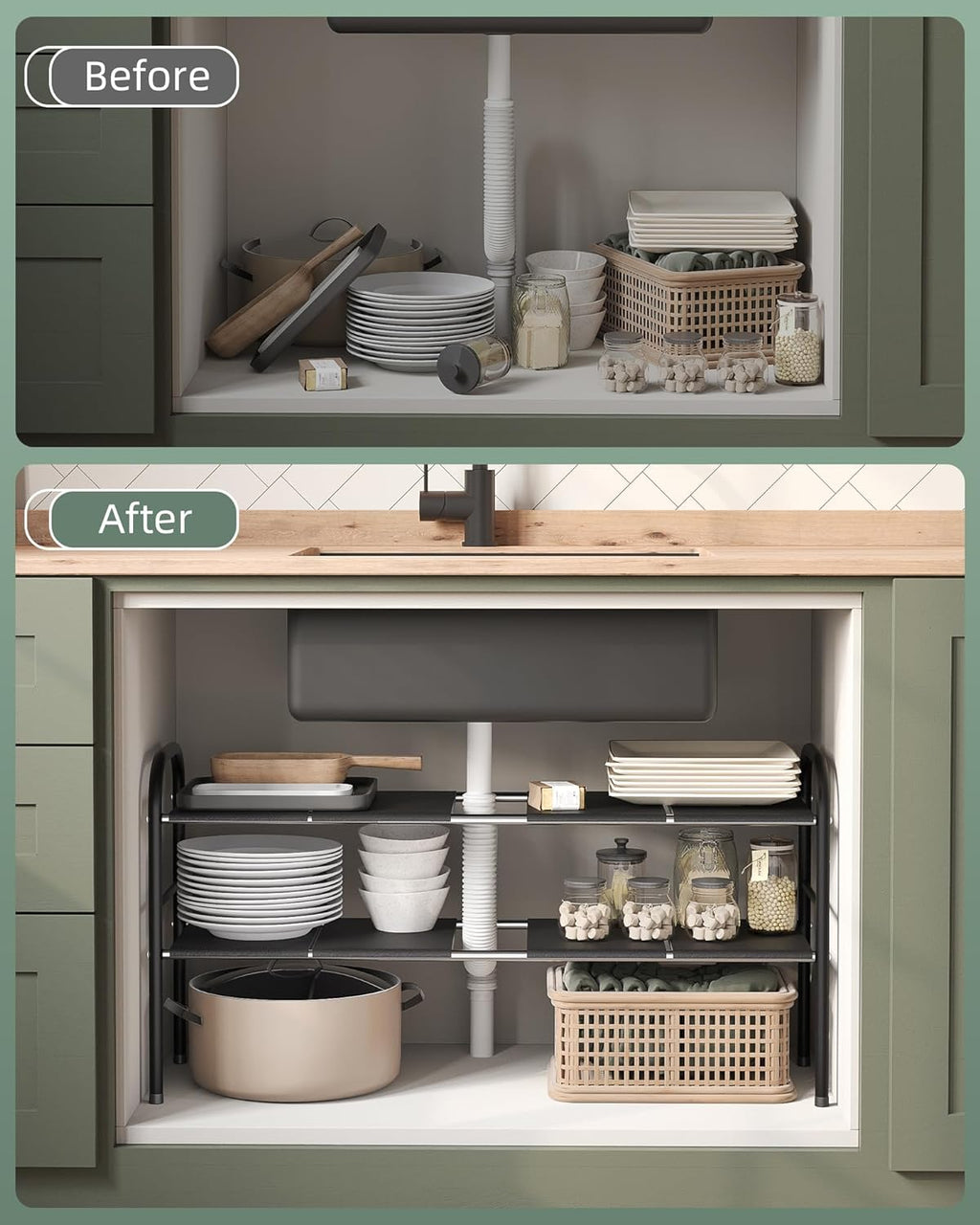 2 Tier Expandable Under Sink Organizer Shelf with 8 Removable Panels A37371