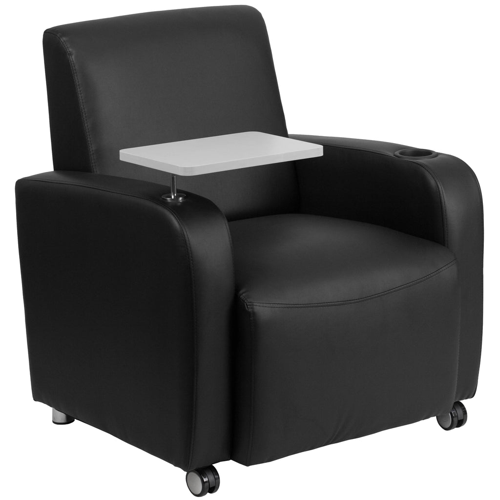 Black LeatherSoft Guest Chair with Tablet Arm and Cup Holder T6114