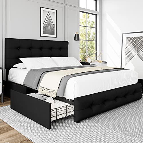Black Queen Upholstered Platform Bed Frame with 4 Storage Drawers N13042