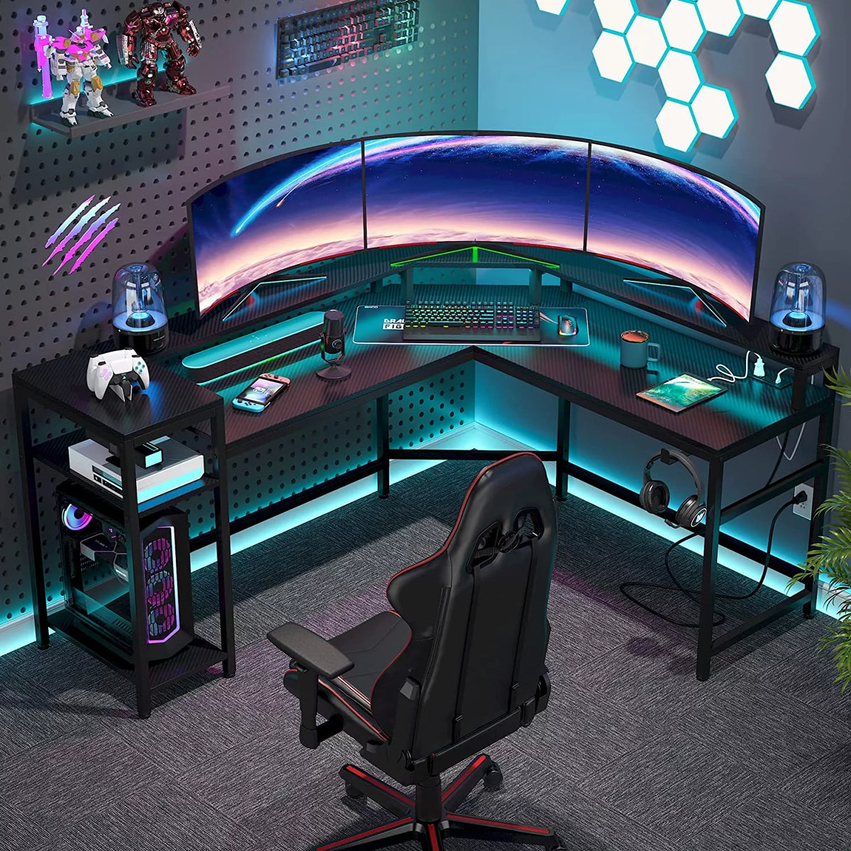 Black L-Shaped Gaming Desk with LED Strips M8459