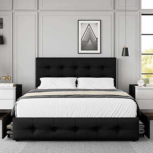 Black Queen Upholstered Platform Bed Frame with 4 Storage Drawers N13042
