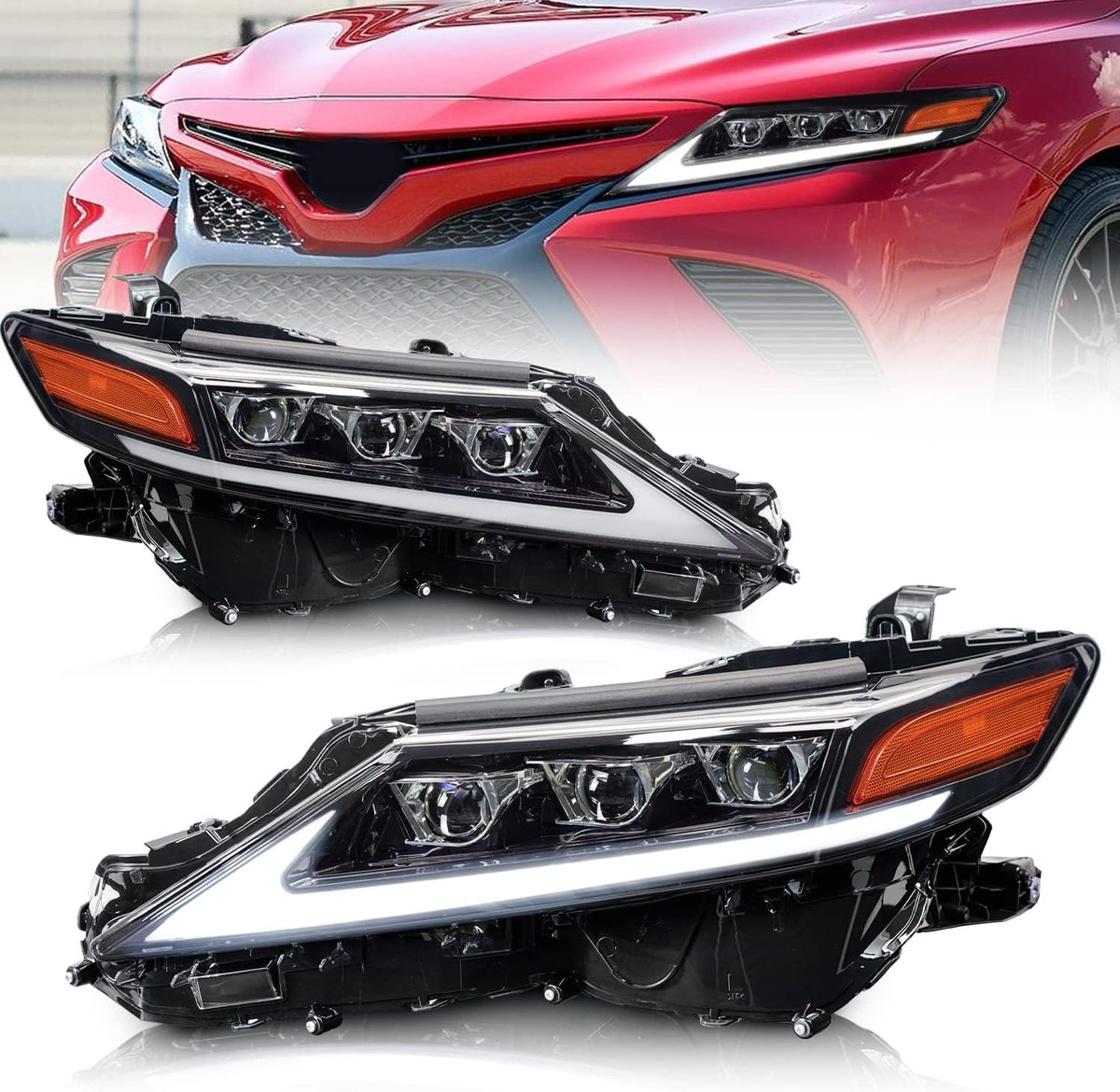 Full LED Projector Headlamp with Sequential Turn Signal DRL for Camry 2018 2019 2020 2021, A Pair Q30014