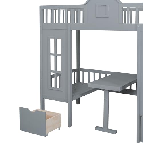 White Wooden Bunk Beds with Stairs and 2 Storage Drawers J312251