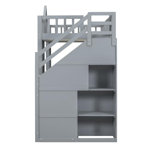 White Wooden Bunk Beds with Stairs and 2 Storage Drawers J312251