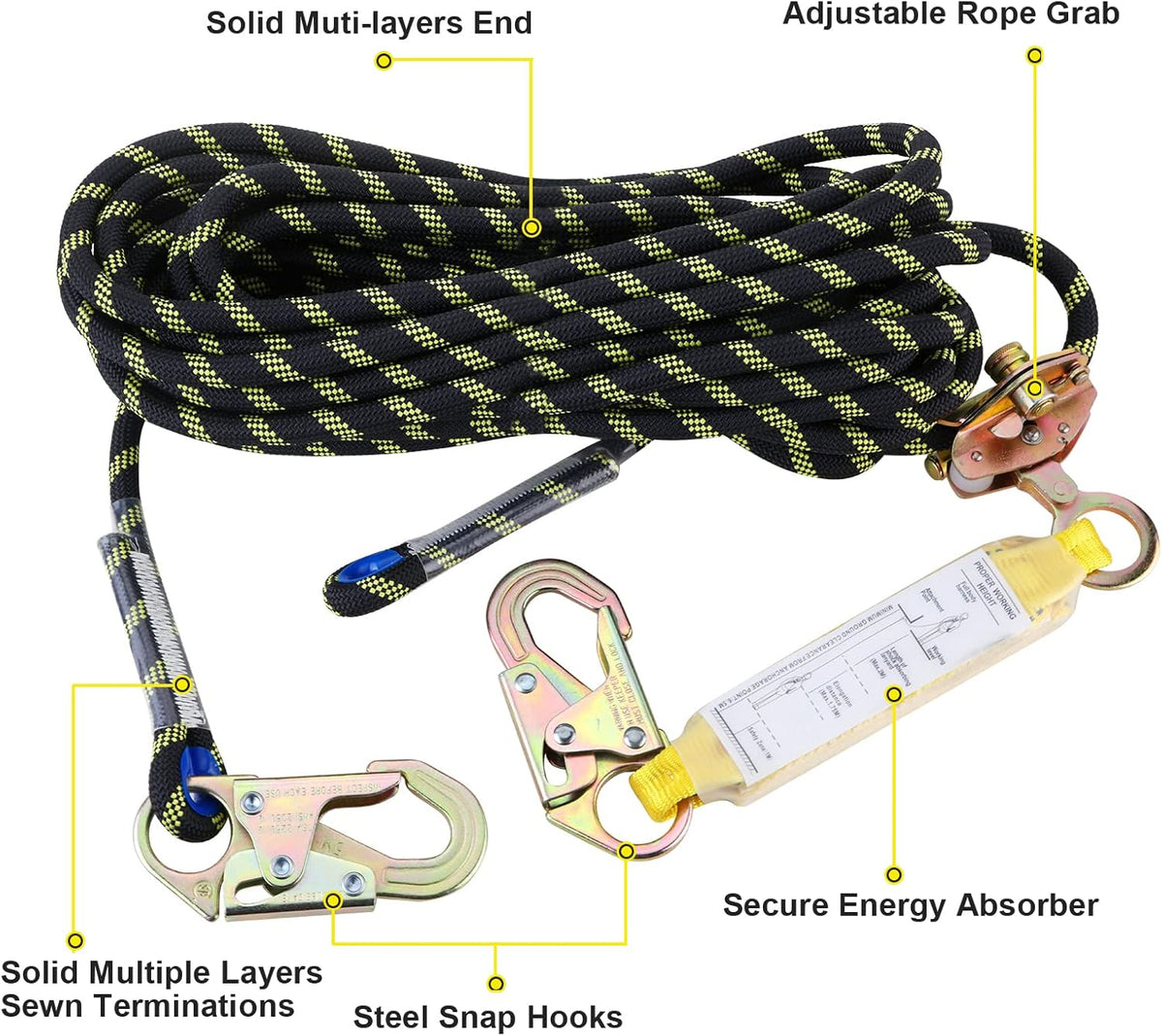 50 ft Vertical Lifeline Rope Assembly with Rope Grab Snap Hooks Y432