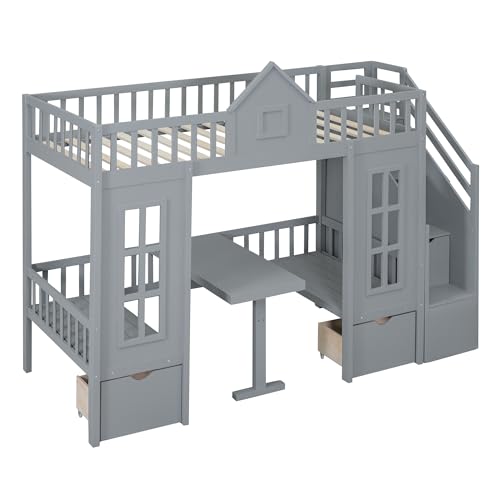 White Wooden Bunk Beds with Stairs and 2 Storage Drawers J312251