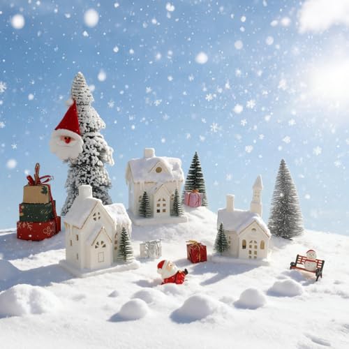 White Ceramic Christmas Village Houses 3Pcs with 4Pcs Trees LED Lighted Tabletop House Figurines E982552
