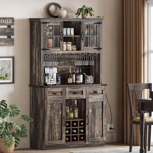 72" Dark Rustic Oak Coffee Bar Cabinet with Storage Shelves and 3 Drawers I517