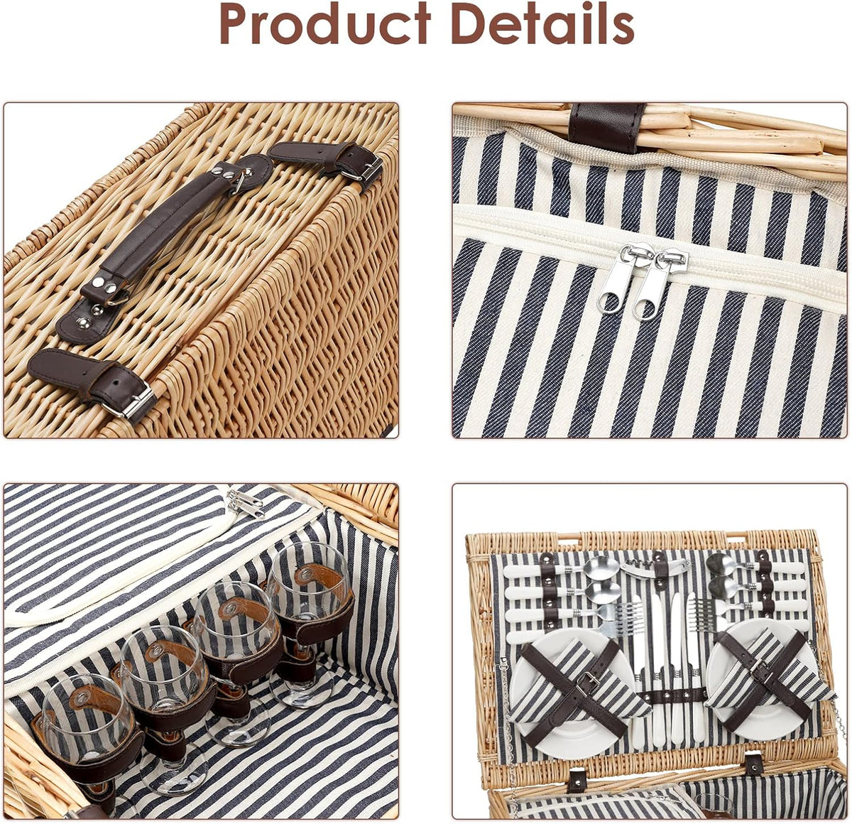 Willow Wicker Picnic Basket Set for 4 with Insulated Cooler Bag Y982981