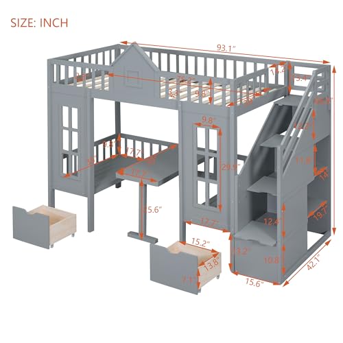 White Wooden Bunk Beds with Stairs and 2 Storage Drawers J312251