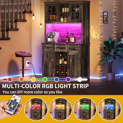 72" Dark Rustic Oak Coffee Bar Cabinet with Storage Shelves and 3 Drawers I517