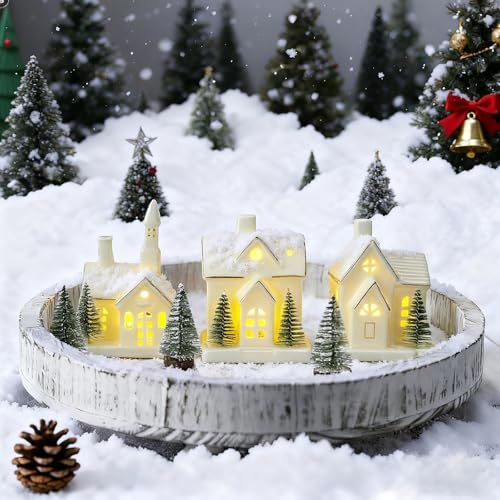 White Ceramic Christmas Village Houses 3Pcs with 4Pcs Trees LED Lighted Tabletop House Figurines E982552
